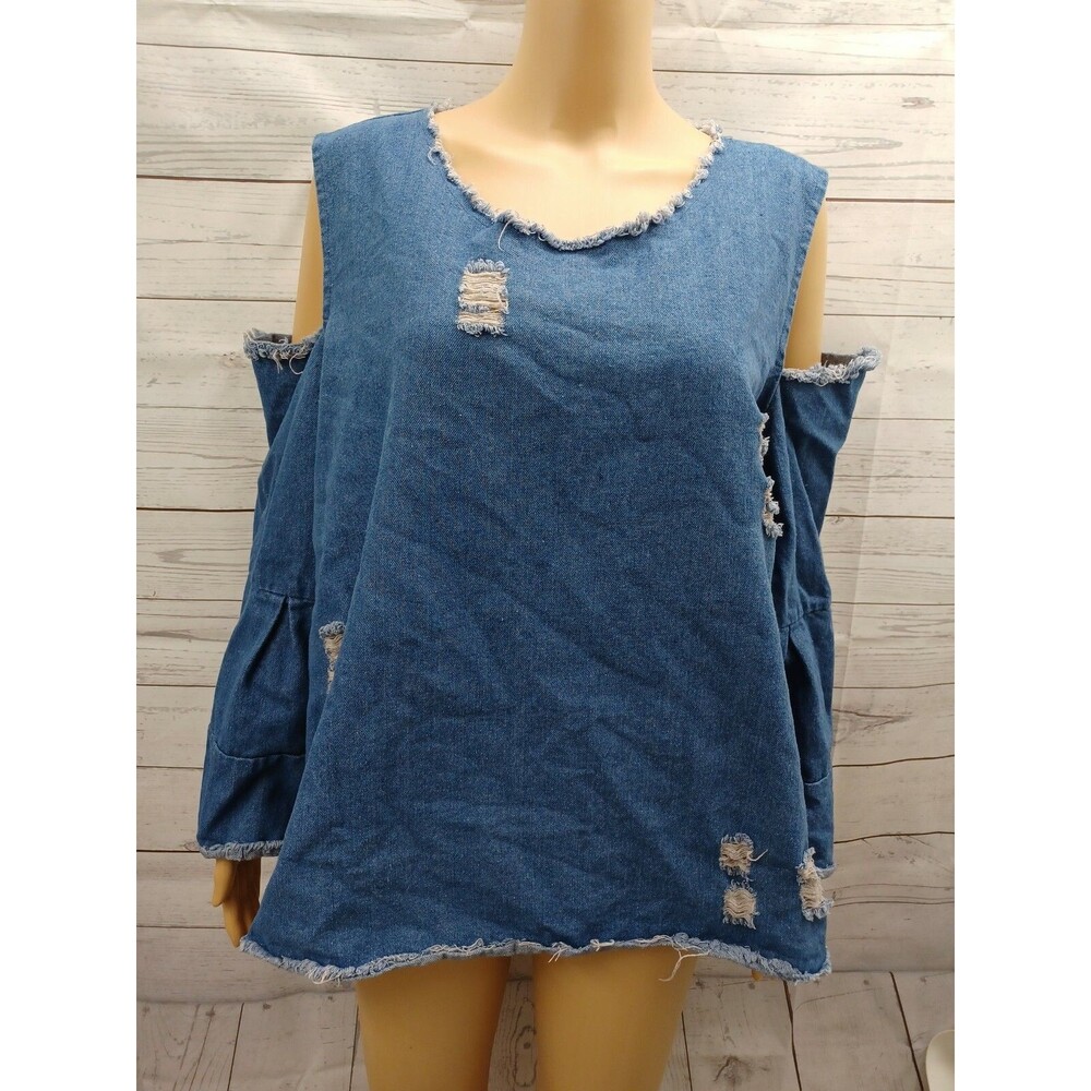 Say What? Long Sleeve Blue Denim Blouse M Women Cold Shoulder Distressed